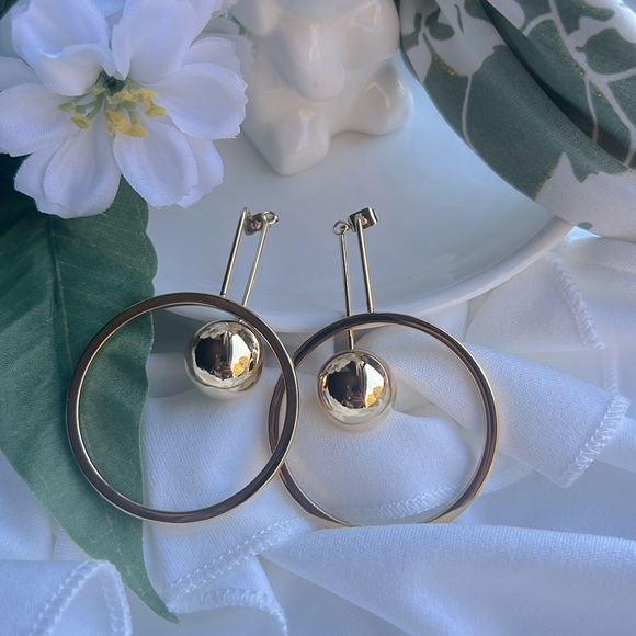 Golden Round Hollow Ball Bead Drop Earrings - Picture 2 of 2